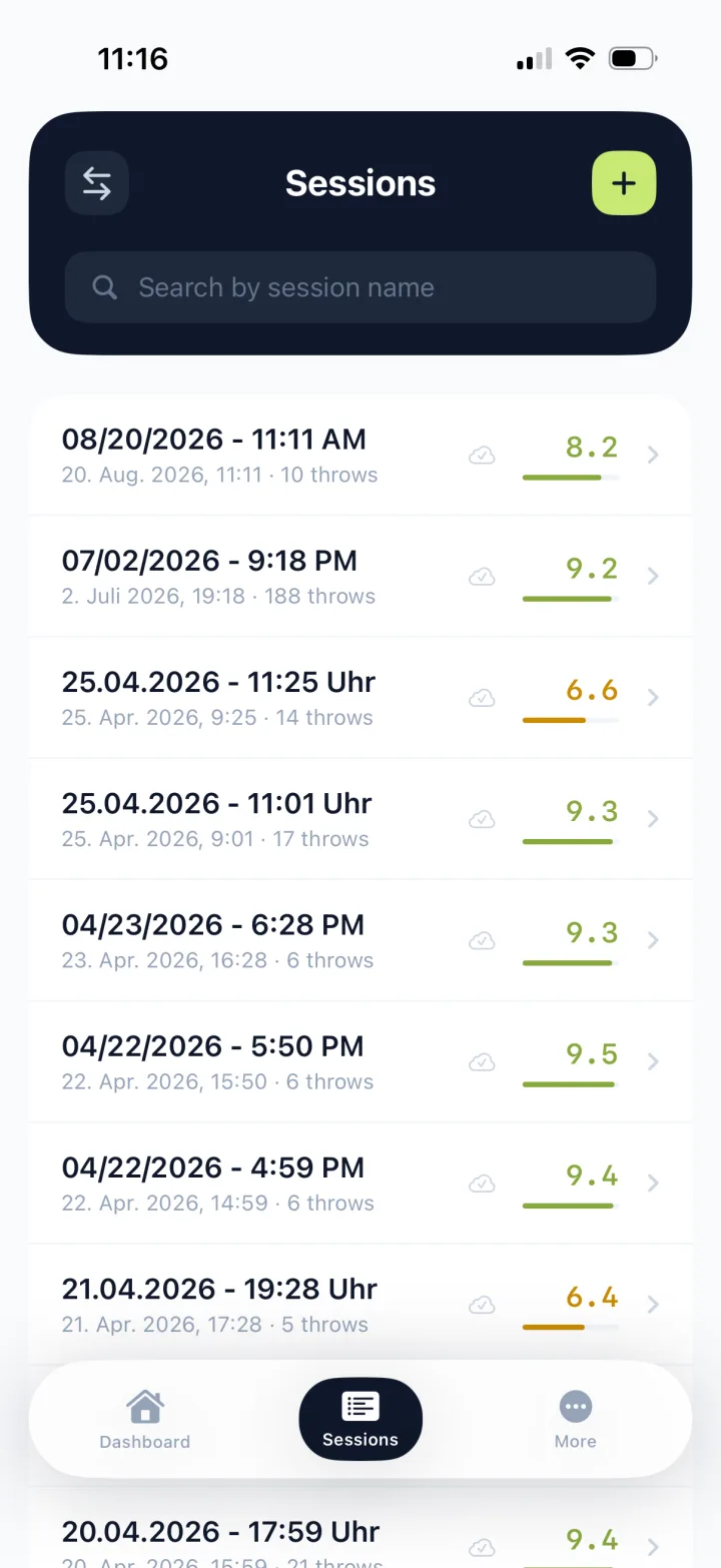 Alle Trainingssessions mit ihrer Bewertung in der mydart iPhone-App